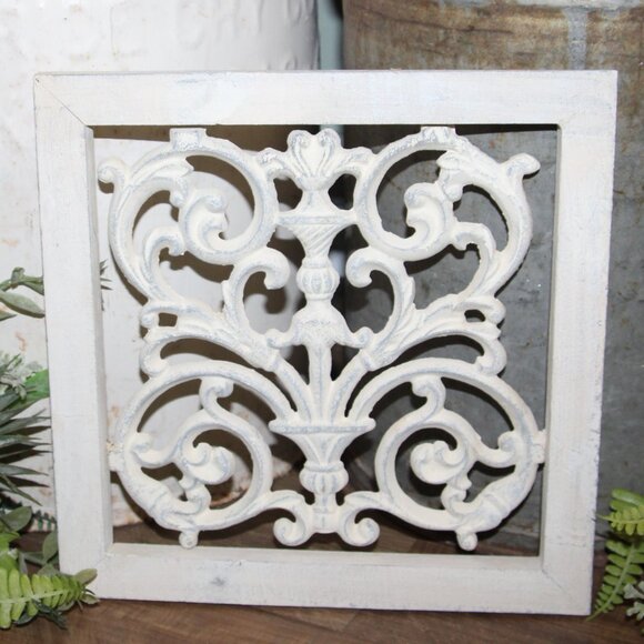 Shabby French Country Cottage Ornate Cast Iron & Wood Wall Decor Plaque - Picture 3 of 4